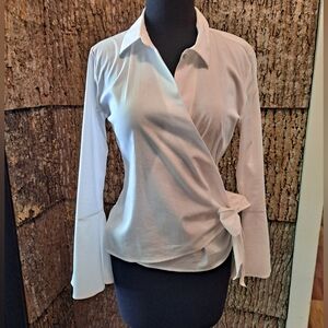 Bobeau White Wrap Shirt, Long Bell Sleeves, Size Small